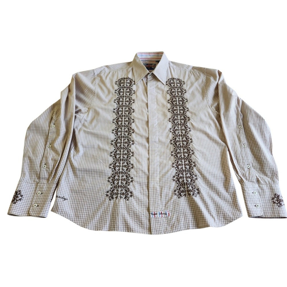 English Laundry Mens XXL Beige Gingham Embroidered Button Shirt